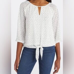 West Kei Elorna Tie Front Blouse - White Polka Print - 3/4 Sleeve - Size L EUC